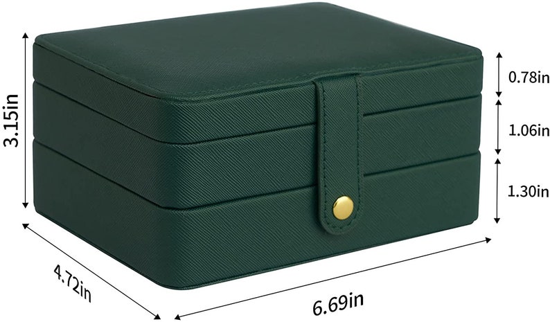 May include: A green three-tiered jewellery box with a gold buckle closure. The box measures 6.69 inches long, 4.72 inches wide, and 3.15 inches high.