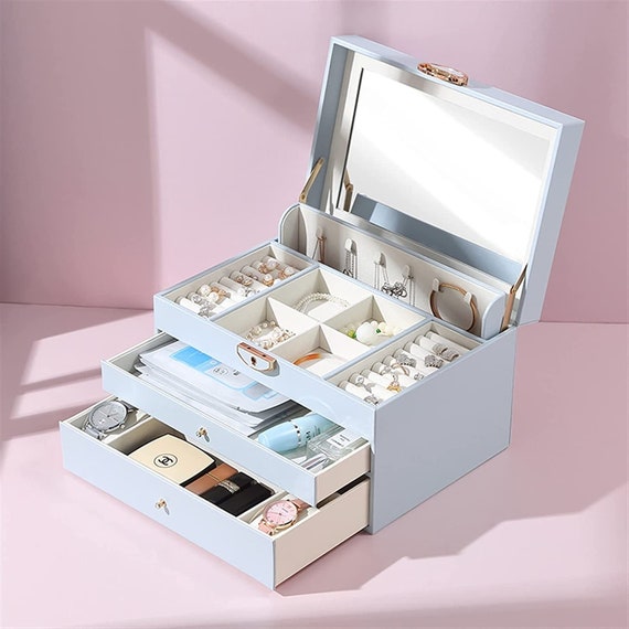 COBOXOY Portagioie 3 Strati Con Coperchio In Vetro – 2 Cassetti – Organizer In Pelle PU E Velluto – Regalo Per Donna