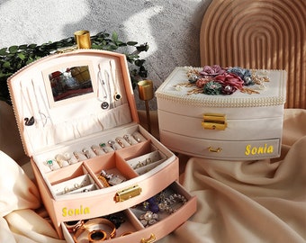 2 Layers PU Leather Jewelry Organizer Box with Lock , Jewelry Storage Case Holder for Earrings Necklace Bracelets ,Personalized Gift