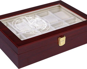 Gepersonaliseerde gegraveerde horlogedoos-10 slots horlogedoos Cherry Watch-vitrine opberger groot glazen blad, gepersonaliseerd cadeau voor mannen