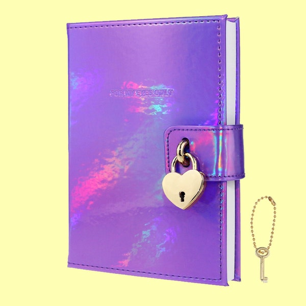Heart Shaped Lock Journal, Rainbow Laser PU Hard Cover Notebook Travel Diary, B6 Ruled Locking with Key Personal Work Log Notes Secret