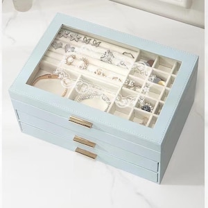 Sieradendoos met glazen deksel, 3-laags grote sieradendoosjes met 2 lades, sieradenopberger voor kettingen oorbellen ringen armbanden