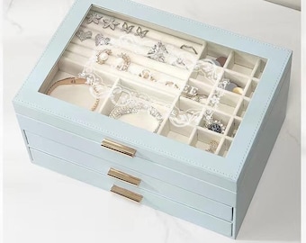 Jewelry Organizer Box with Glass Lid, 3-Layer Large Jewelry Boxes with 2 Drawers, Jewelry Storage for Necklaces Earrings Rings Bracelets