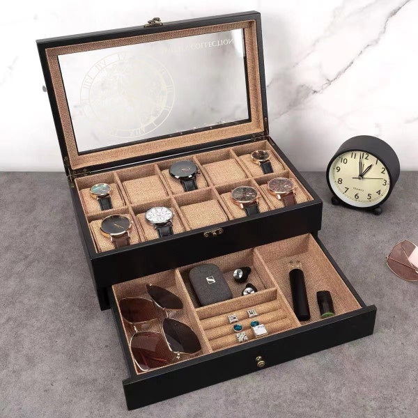 Nom personnalisé Watch Box - 10 Slot Watch Case Display pour hommes femmes, Watch Organize, cadeau personnalisé pour mari,petit ami,garçons