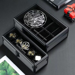 Gepersonaliseerde naam horlogedoos - Aluminium materiaal horlogekast display voor mannen vrouwen, horloge organiseren, gepersonaliseerd cadeau voor echtgenoot, hem