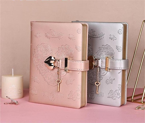 Heart Lock Journal Notebook mit Schlüssel, Glitzer Lila PU Leder