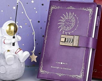 Constellation Leather Journal With Lock, Zodiac Moon Sun Diary for