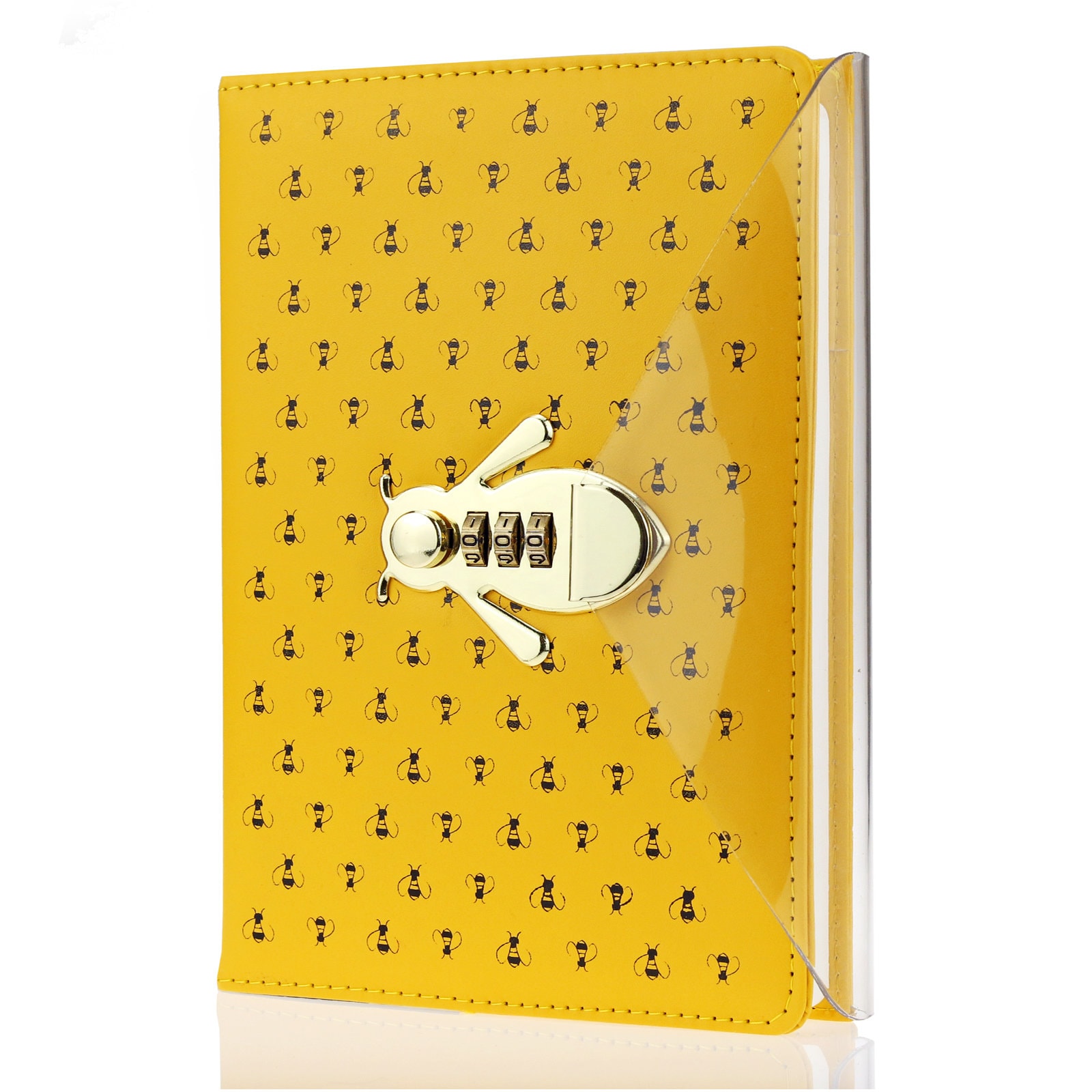 Bee Shaped Combination Lock Journal, PU Leather Hard Cover Notebook Cute Diary, Thick A5 Lined Password Locking Personal Planner Secret