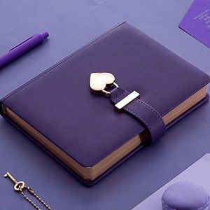Diário de bloqueio, bloqueio em forma de coração, capa dura de couro PU, caderno de borda dourada dourada, diário de viagem, bloqueio forrado B6 com chave, planejador pessoal