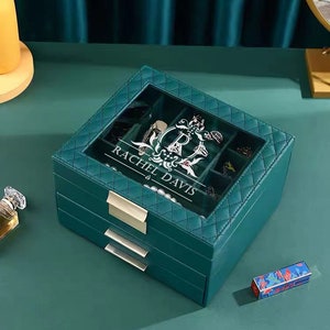 Organisateur de boîte à bijoux gravé personnalisé pour les femmes filles,3 couches grand étui de rangement à bijoux avec couvercle en verre,2 tiroirs,cadeau de Noël