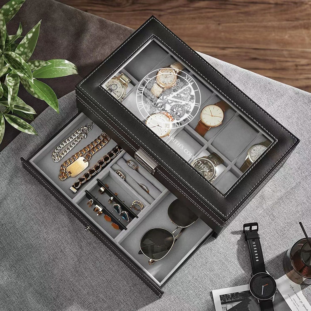 Personalized Name Watch Box Organizer ,2tier 12 Slots Watch Case Organizer With Jewelry Display