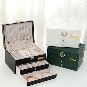 Sieraden Box Organizer voor vrouwen meisjes, 3 laags grote sieraden opbergcase lederen sieraden organizer houder met slot, gepersonaliseerd cadeau