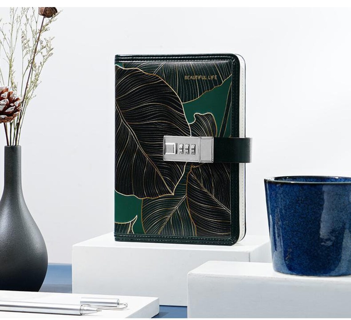 Journal With Lock Hardcover Printed Leaves Waterproof Leather Cover ...
