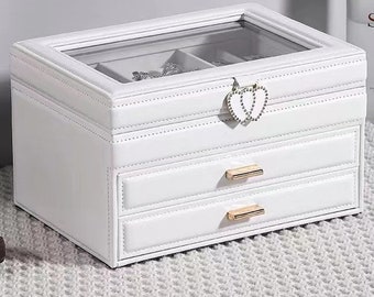 Jewelry Organizer Box with Glass Lid,  2 Drawers, Leather Design Lockable  , for Necklaces, Earrings, Rings, Bracelet, Gift for Loved Women