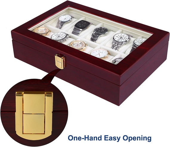 Scatola Per Orologi 10 Scomparti In Legno | Con Serratura E Cuscini Rimovibili | Regalo Elegante