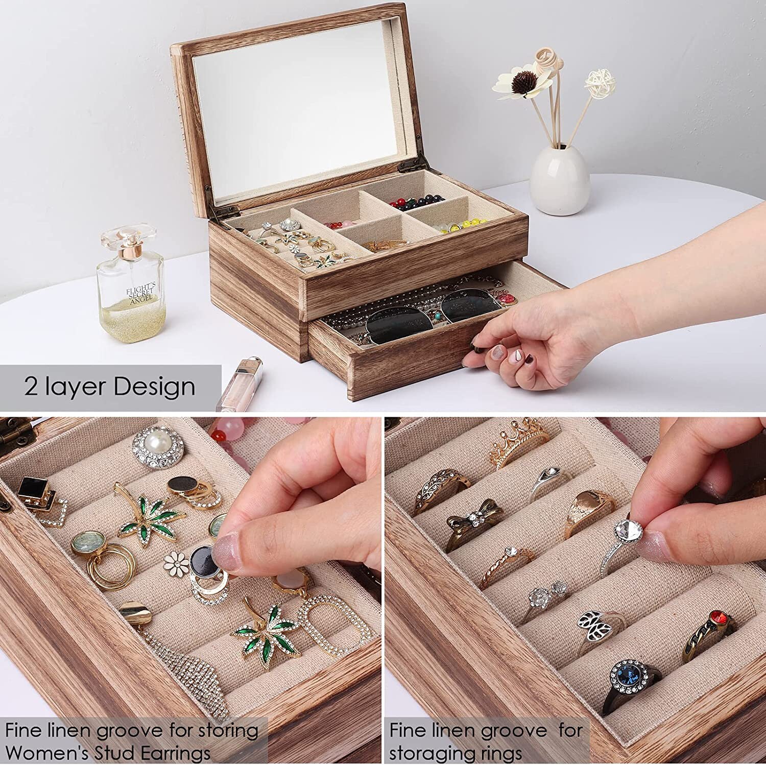 Small Jewelry Earrings Stud / Ring / Pendant / Cufflinks Organiser MDF Wood  Frame Velvet Tray Display Case Box With Glass Lid - Etsy