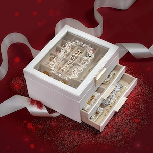 Sieraden Organisator Box voor meisjes vrouwen, 3 laag grote sieraden dozen met 2 laden, glazen deksel lederen sieraden opslag voor kettingen oorbellen