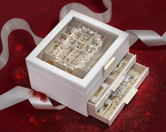 Jewelry Organizer Box for Girls Women, 3 Layer Large Jewelry Boxes with 2 Drawers, Glass Lid Leather Jewelry Storage for Necklaces Earrings