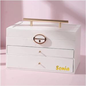 Sieraden Box Organizer voor vrouwen meisjes, houten draagbare handvat veiligheidsslot en spiegel draagbare sieraden case opslag voor oorbellen kettingen