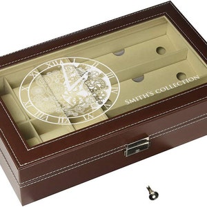 Gegraveerde horlogedoos voor mannen - lederen 6 horloge en 3 brillen en zonnebril doos met sieraden vitrine organisatorPersoonlijke geschenken voor hem -