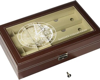 Engraved Watch Box for Men - Leather 6 Watch and 3 Eyeglasses&Sunglasses Box with Jewelry Display Case OrganizerPersonalized Gifts for Him -