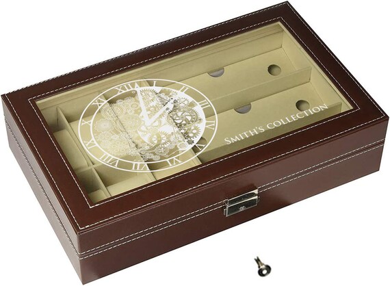 Engraved Watch Box for Men Leather 6 Watch and 3
