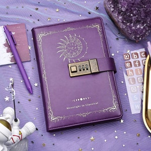 Diario in pelle con costellazioni e lucchetto, diario zodiacale, luna e sole per scrivere, quaderno B6 con carta a righe, regalo personalizzato per donne e uomini.