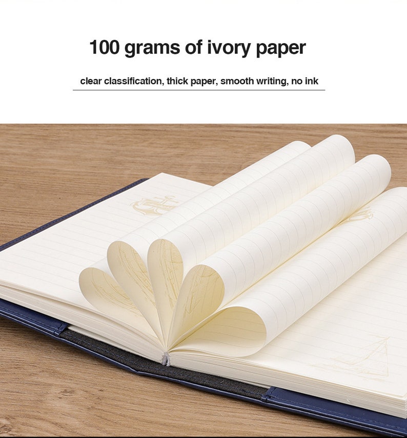 May include: A blue hardcover notebook with ivory paper. The notebook is open and the pages are fanned out to show the lined paper. The text on the cover reads "100 grams of ivory paper, clear classification, thick paper, smooth writing, no ink."