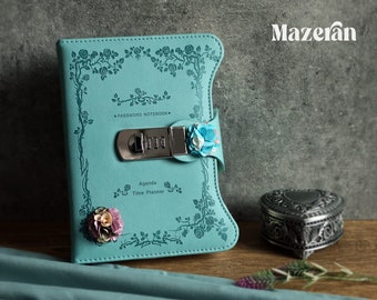 Combination Lock Journal, PU Leather Hard Cover Floral Embossed Notebook Cute Diary, 360 Refillable Pages Lined Password Locking notebook