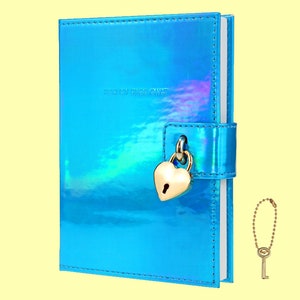 Heart Shaped Lock Journal, Rainbow Laser PU Hard Cover Notebook Travel Diary, B6 Ruled Locking with Key Personal Work Log Notes Secret