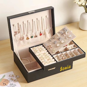 Jewelry Box for Women Girls, Necklace Ring Storage Organizer 2 Layers Large PU-Leathers Jewelry Case with Key Display Jewellery Holders