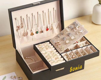 Jewelry Box for Women Girls, Necklace Ring Storage Organizer 2 Layers Large PU-Leathers Jewelry Case with Key Display Jewellery Holders