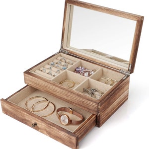 Personalisierte Name Schmuck Box Organizer für Frauen, 2-Schicht-Schmuckaufbewahrung, rustikales Holz mit Spiegel, Weihnachtsgeschenk für sie, Frau