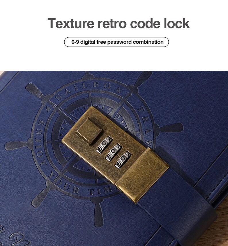 May include: A blue leather-bound journal with a brass combination lock and a nautical compass design. The lock has a 3-digit combination and the compass design features the words "Sailboat Travel Enjoy Your Time".