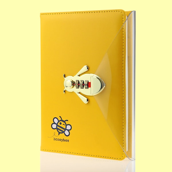 Bee Shaped Combination Lock Journal, PU Leather Hard Cover Notebook Cute Diary, Thick A5 Lined Password Locking Personal Planner Secret