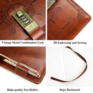 May include: A brown leather journal with a vintage metal combination lock, a pen holder, and a rope bookmark. The cover features a 3D embossed design with the text "Sailor Notebook".