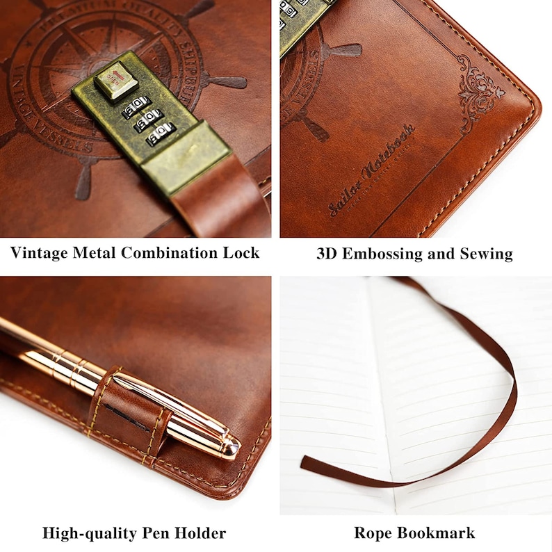 May include: A brown leather journal with a vintage metal combination lock, a pen holder, and a rope bookmark. The cover features a 3D embossed design with the text "Sailor Notebook".