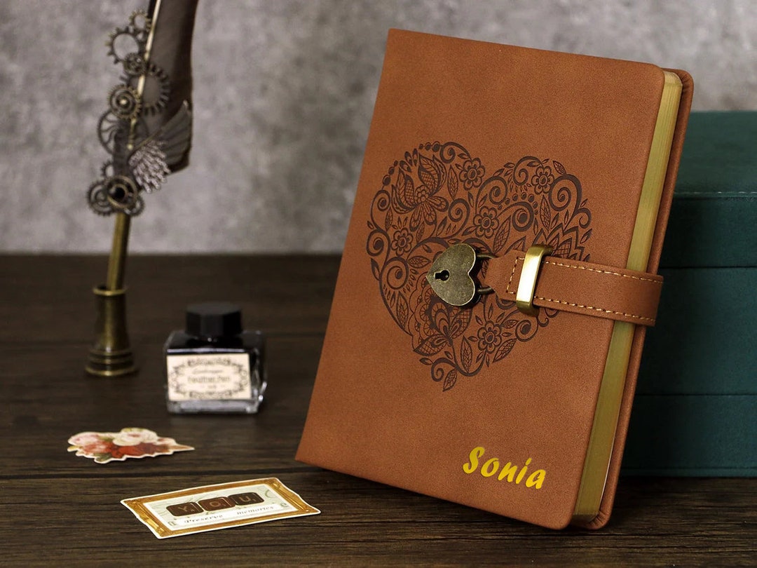 Mazeran Lock Journal, Heart Shaped Locking Leather Floral Embossing ...