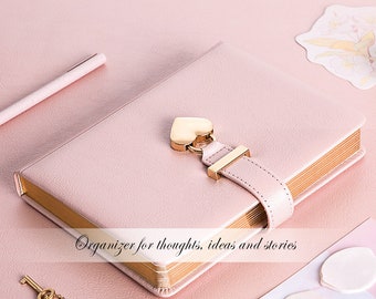 Lock Journal, Heart Shaped Locking PU Leather Hard Cover Gold Gild Edge Notebook Travel Diary, B6 Lined Locking with Key Personal Planner