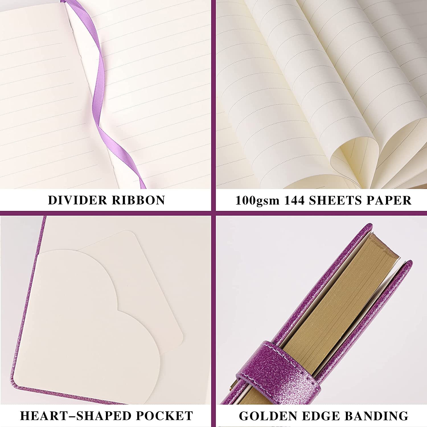 Notebook With Key Heart Lock Journal Notebook With Key, Glitter Purple PU Leather Diary ...