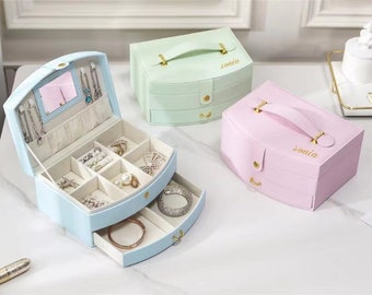Jewelry Organizer Box, Double Layer Jewelry Storage Case with Mirror for Necklace Bracelet Earrings Rings Organizer, Personalized Gift