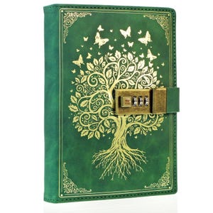 Locking Journal, Vintage Leather Notebook, Tree of Life Embossed Diary, Combination Lock, Personalized Gift for Her,Women, Writer's Notebook