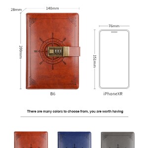 May include: A brown leather journal with a brass lock and compass design. The journal measures 7.87 inches by 5.91 inches and is 0.79 inches thick. The journal is available in brown, blue, and gray.