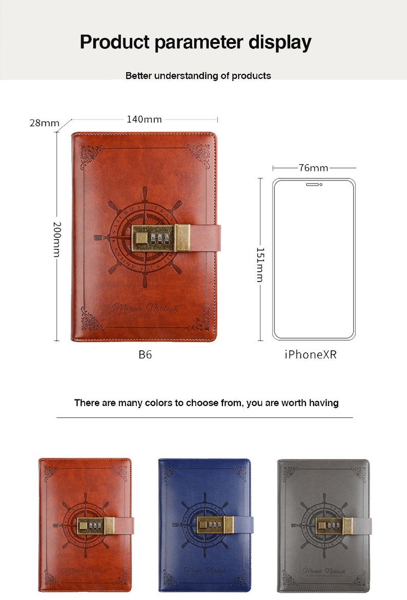 May include: A brown leather journal with a brass lock and compass design. The journal measures 7.87 inches by 5.91 inches and is 0.79 inches thick. The journal is available in brown, blue, and gray.