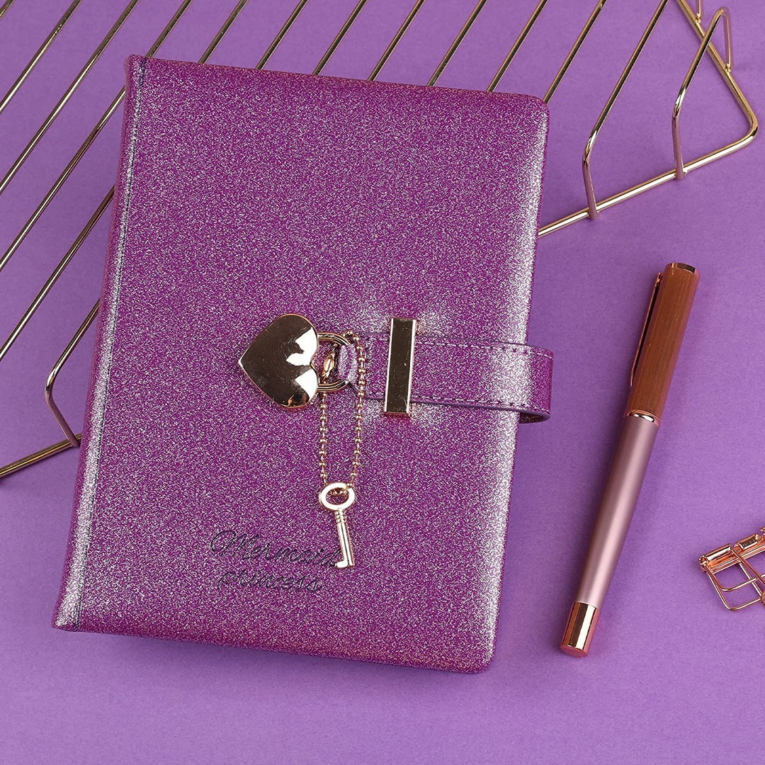 Heart Lock Journal Notebook With Key, Glitter Purple PU Leather Diary ...
