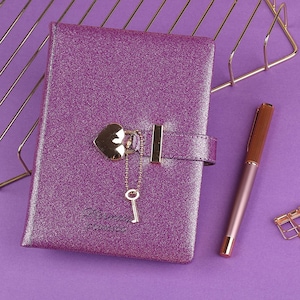 Heart Lock Journal Notebook with Key, Glitter Purple PU Leather Diary, B6 Journal for Writing, Personalized Gift for Girls, Women