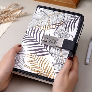 Journal With Lock Hardcover Printed Leaves Waterproof Leather Cover ...
