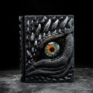Op de afbeelding: Een zwart lederen dagboek met een drakenoogontwerp. Het oog is blauw met een oranje iris en een zwarte pupil. Het dagboek is versierd met zwarte schubben en stekels.