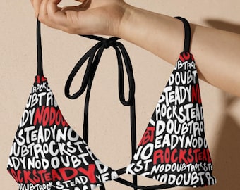 No Doubt Inspired Black Bikini Top: Gwen Stefani Rock Steady Print Swimwear, Top Only