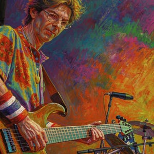 May include: A vibrant painting of a musician playing a bass guitar. The musician wears glasses and a colorful shirt. The background is a mix of bright colors, with a microphone and drum set visible.